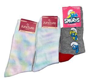 Women’s Crew Socks Lot Smurfs Smurfette Tie Dye Juncture 3 Pair Size 5-9